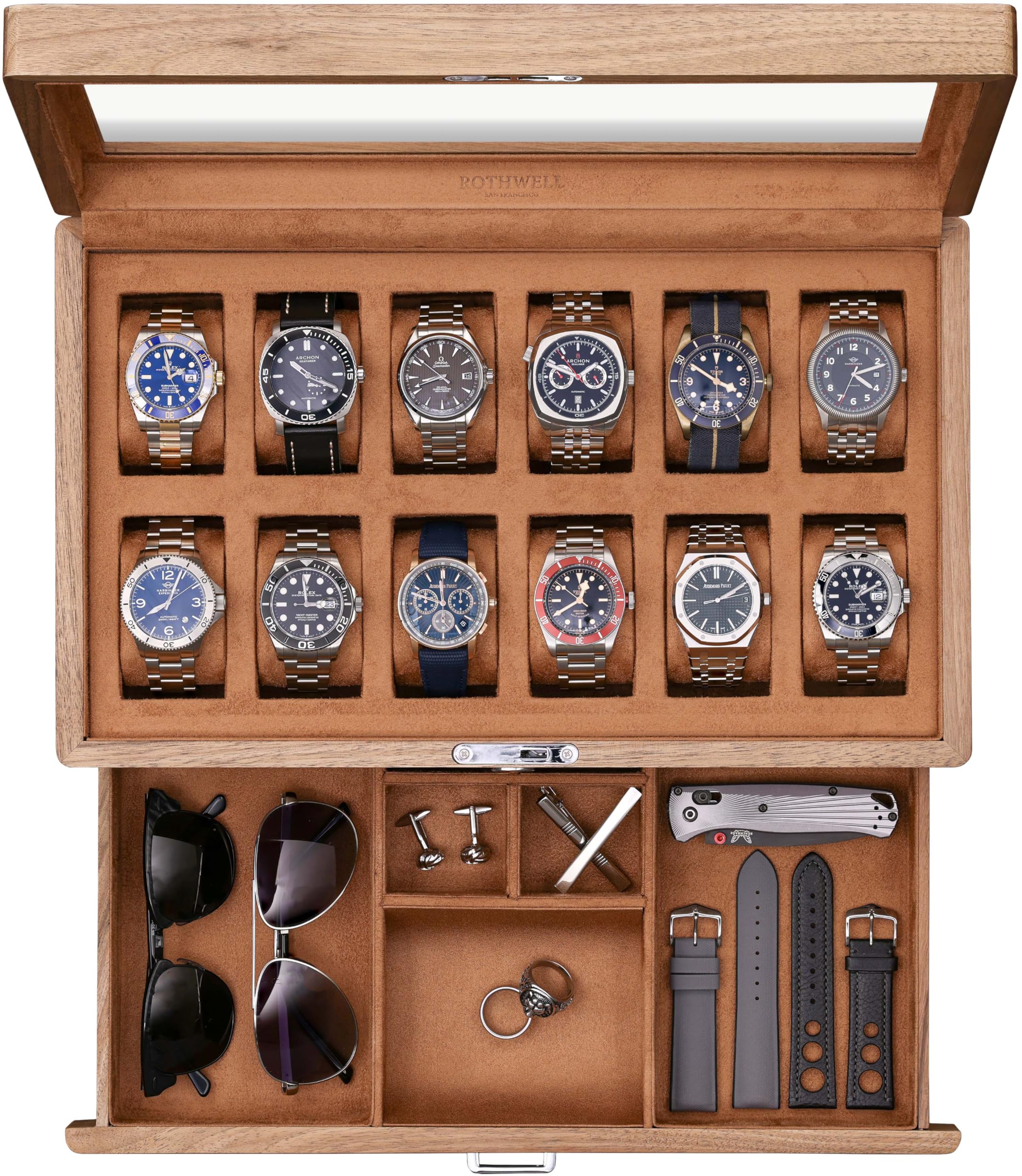 Amazon.com: ROTHWELL 12-Slot Solid Walnut Watch Box with Valet